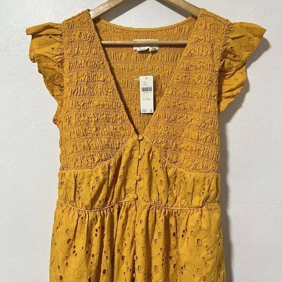 Anthropologie Peregrine Eyelet Wide Leg Jumpsuit Size M TALL Yellow Smocked NEW - Picture 3 of 10